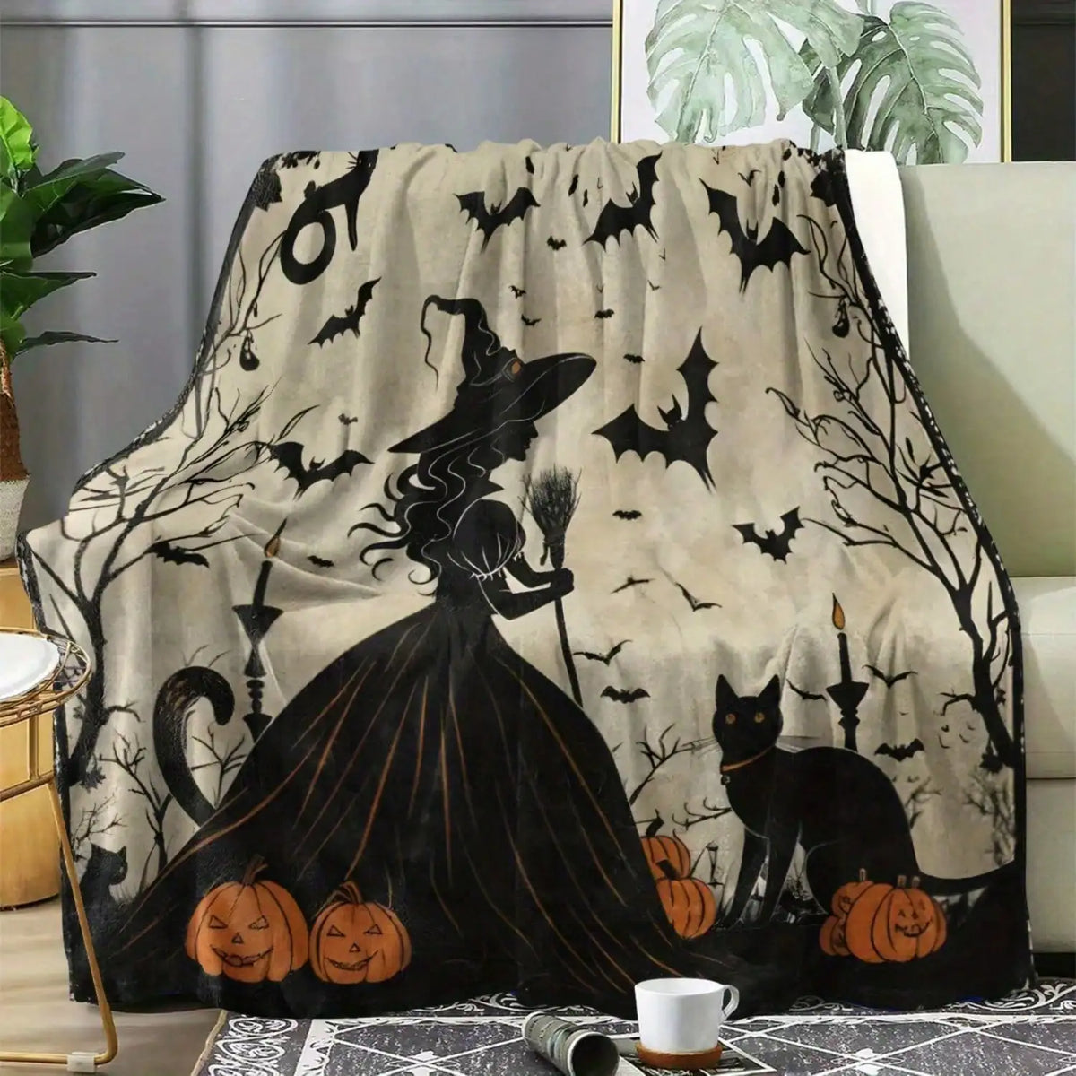 Vintage Witch Silhouette Throw Blanket, Soft Flannel, Cozy, Spooky, Dark Vintage, Cat Bat Pumpkin, Halloween Gift