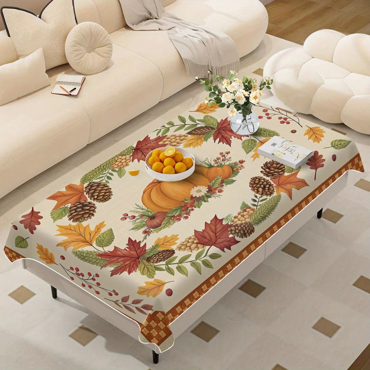 1pc Autumn Pumpkin Wreath Pattern Printed Square and Rectangular Tablecloth, Coffee Tablecloth, Suitable for Restaurants, Homes, Holiday Parties, Camping, European and American Home & Kitchen Decor