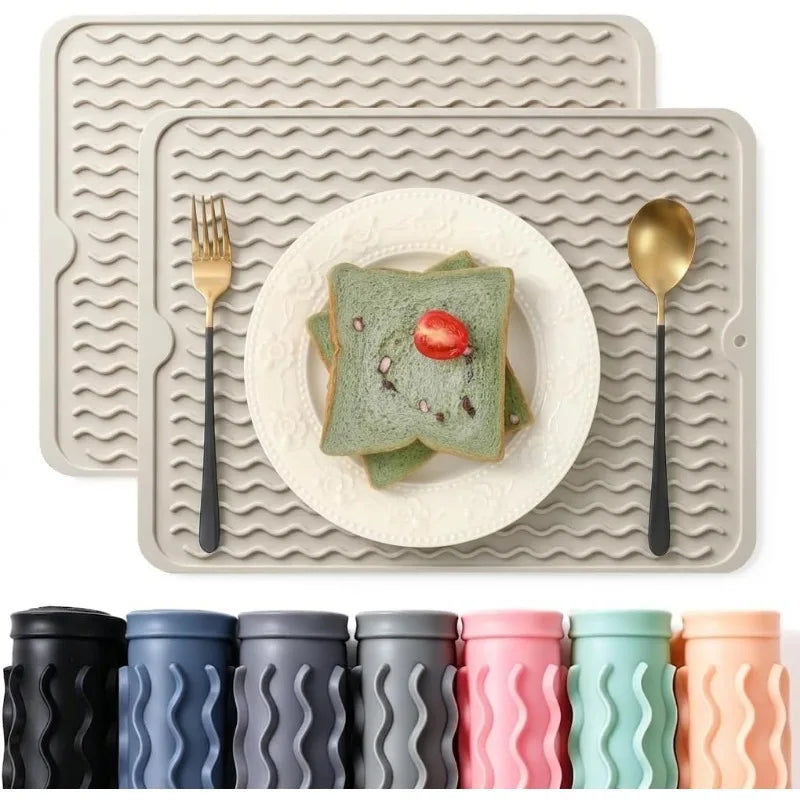 2 Pack Caketime Silicone Dish Drying Mat for Kitchen Counter Heat Resistant Under Sink Waterproof Coffee Bar Accessories Dining Rack Stone Utensil Holder Countertop Decor Must Haves 2026