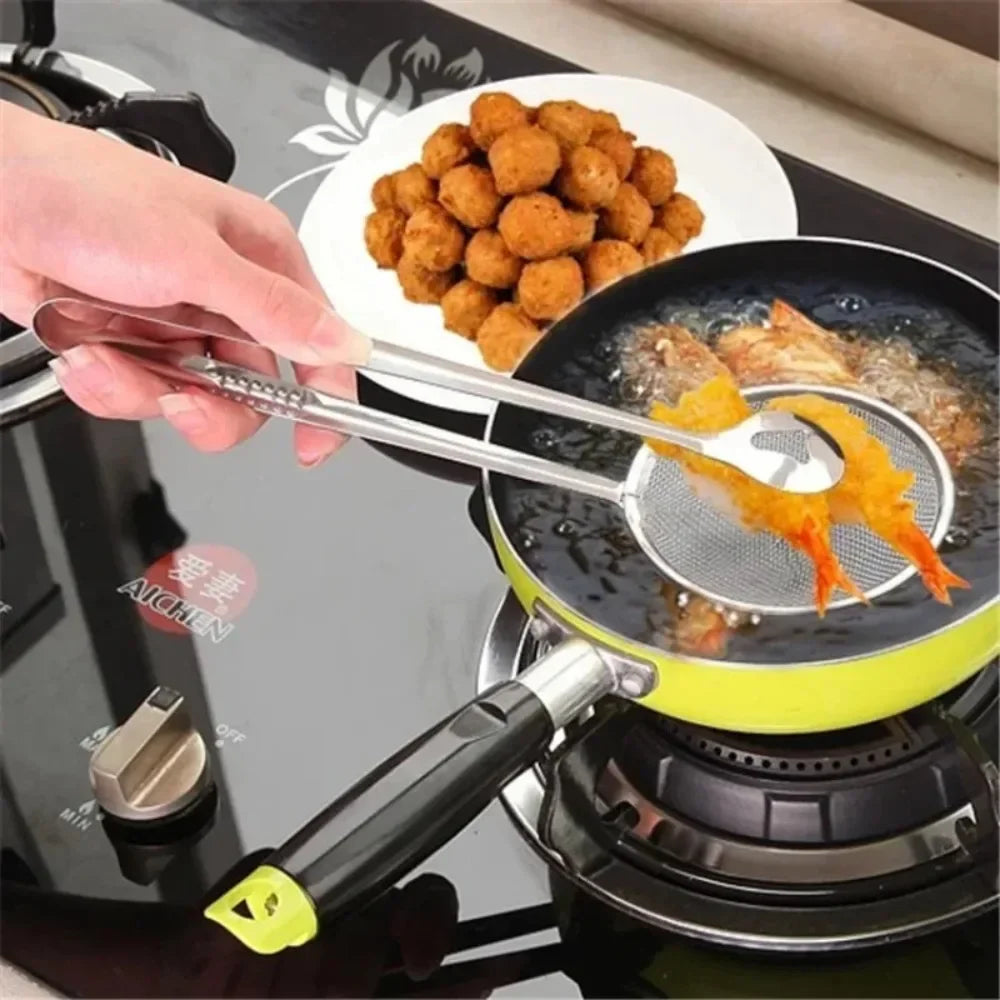 Stainless Steel Strainer Spoon Tongs, Mesh Filter Spoon and Clip Design, Approx. 280 x 100 x 10mm, Silver Finish, Approx. 40g, for Fried Food, Salads, Bread, Vegetables, Grilling and Kitchen Serving, approx. 280 x 100 x 10mm
