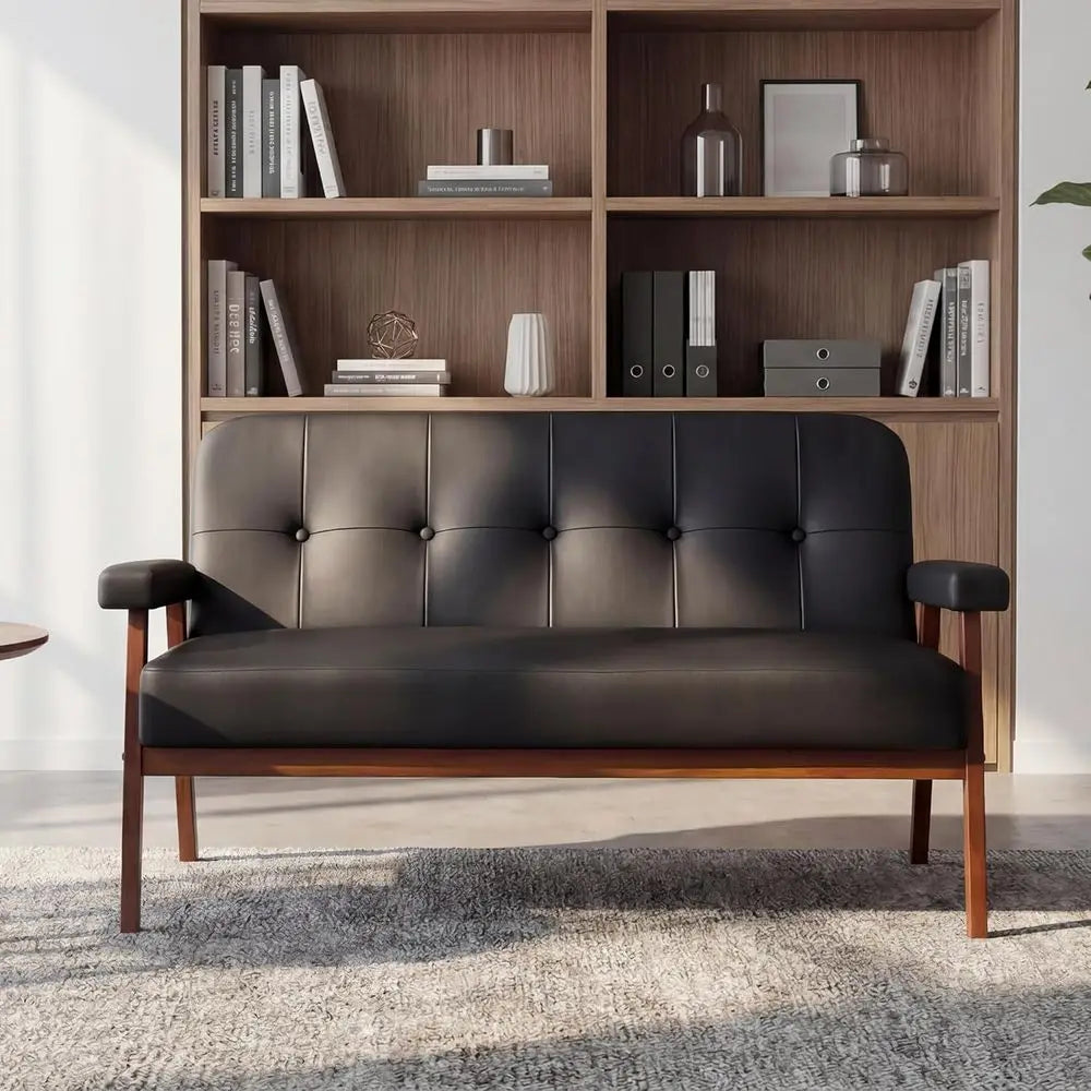 50”W Black aux Leather Small Oice Couch Loveseat Soa with Wood Arms, Century ern Love Seat Soas Lounge Armchair Living Room Bedr