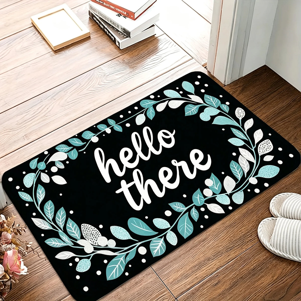 1 Piece of Family Welcome Printed Flannel Doormat with Leaf and Letter Patterns, Entrance Carpet, Living Room and Bedroom Mats, Available in Various Sizes and Colors