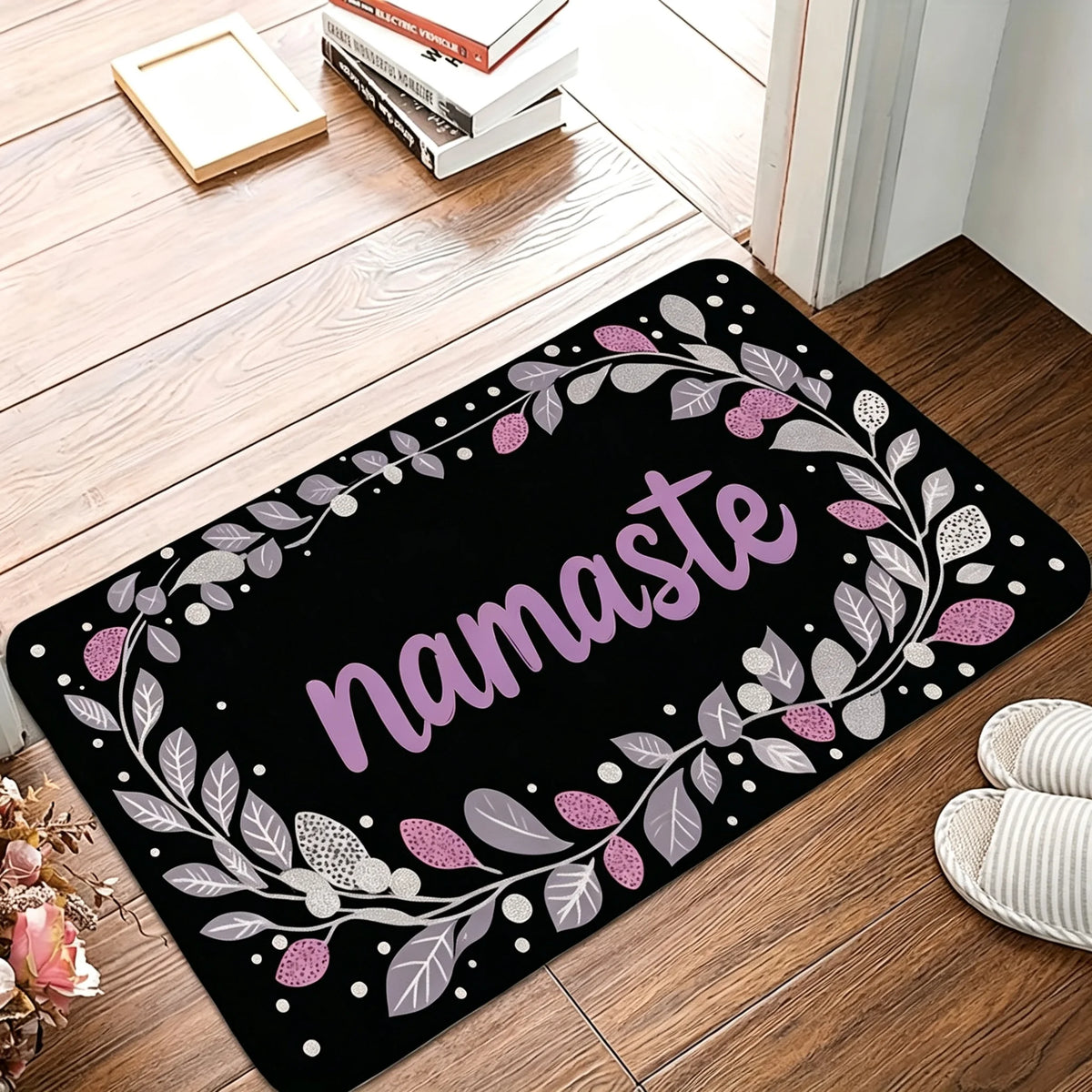 1 Piece of Family Welcome Printed Flannel Doormat with Leaf and Letter Patterns, Entrance Carpet, Living Room and Bedroom Mats, Available in Various Sizes and Colors