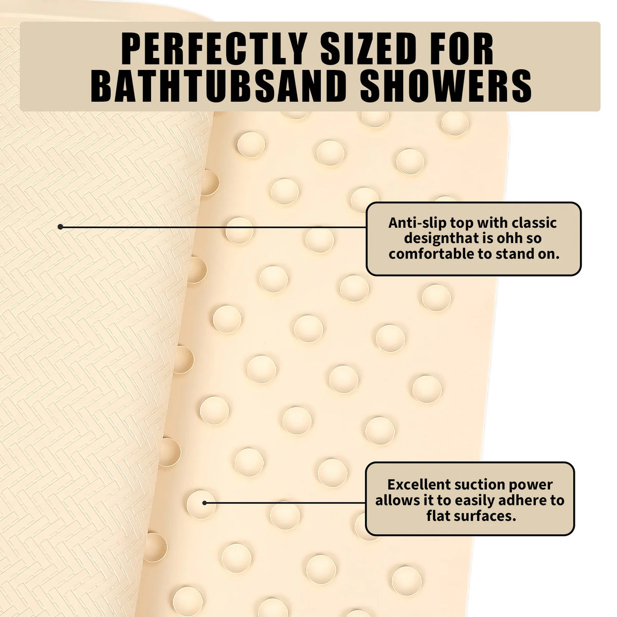 Non-Slip Rubber Bath Mat, Soft Textured Shower Mat with Suction Cups for Bathroom Tub Shower Wet Floor