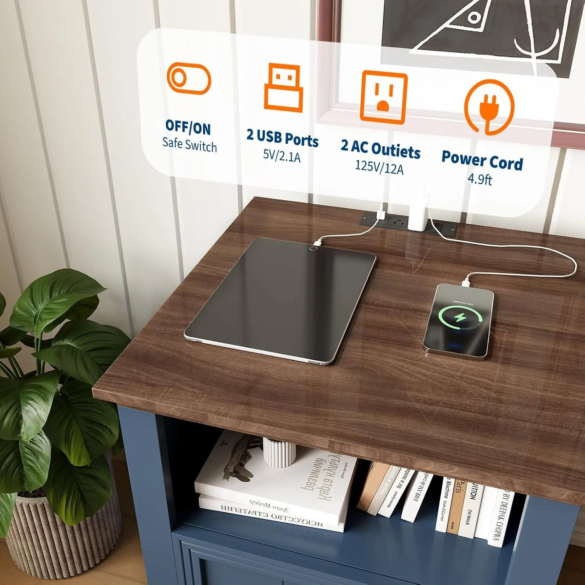 18 Inch Wood Nightstand with USB Charging Station Modern Fluted Bedside Table 2 Drawer End Table with Storage Shelf for Bedroom Living Room Home Office Apartment Dorm Blue