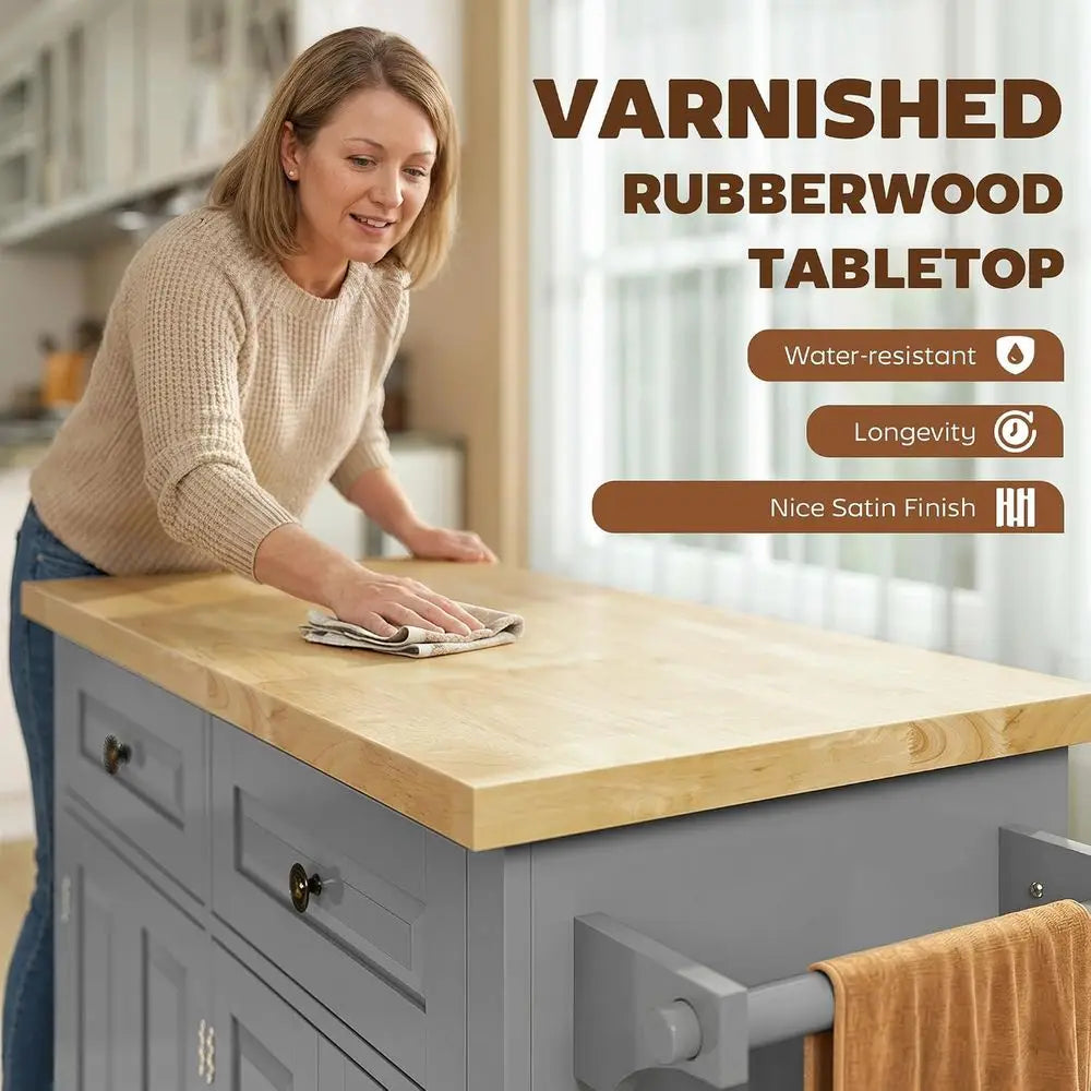 Kitchen Island Cart with Solid Wood Top, 44" Mobile Kitchen Island Table on Wheels with Storage Cabi, 2 Ders, Adjustable Shelves