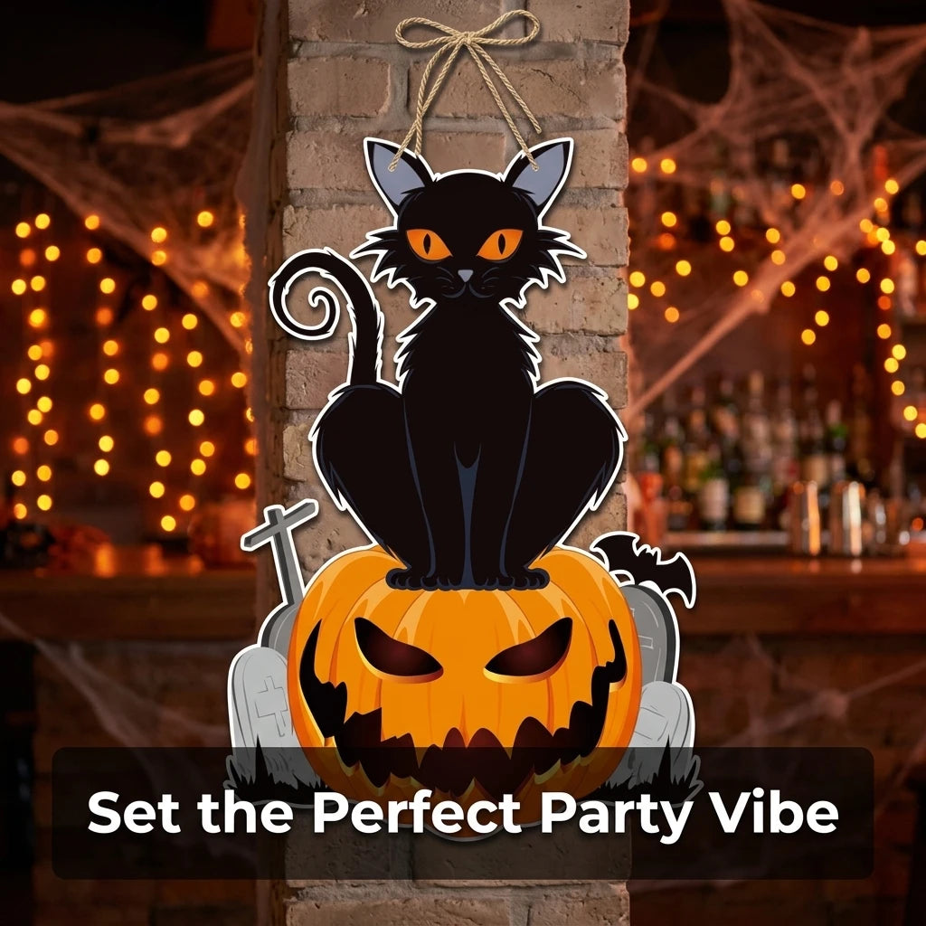 Halloween Door Hanging Decoration Spooky Black Cat on Pumpkin Jack-o-Lantern Wall Sign for Haunted House Party Bar Indoor Outdoor Home Decor Props 40 x 27.2cm