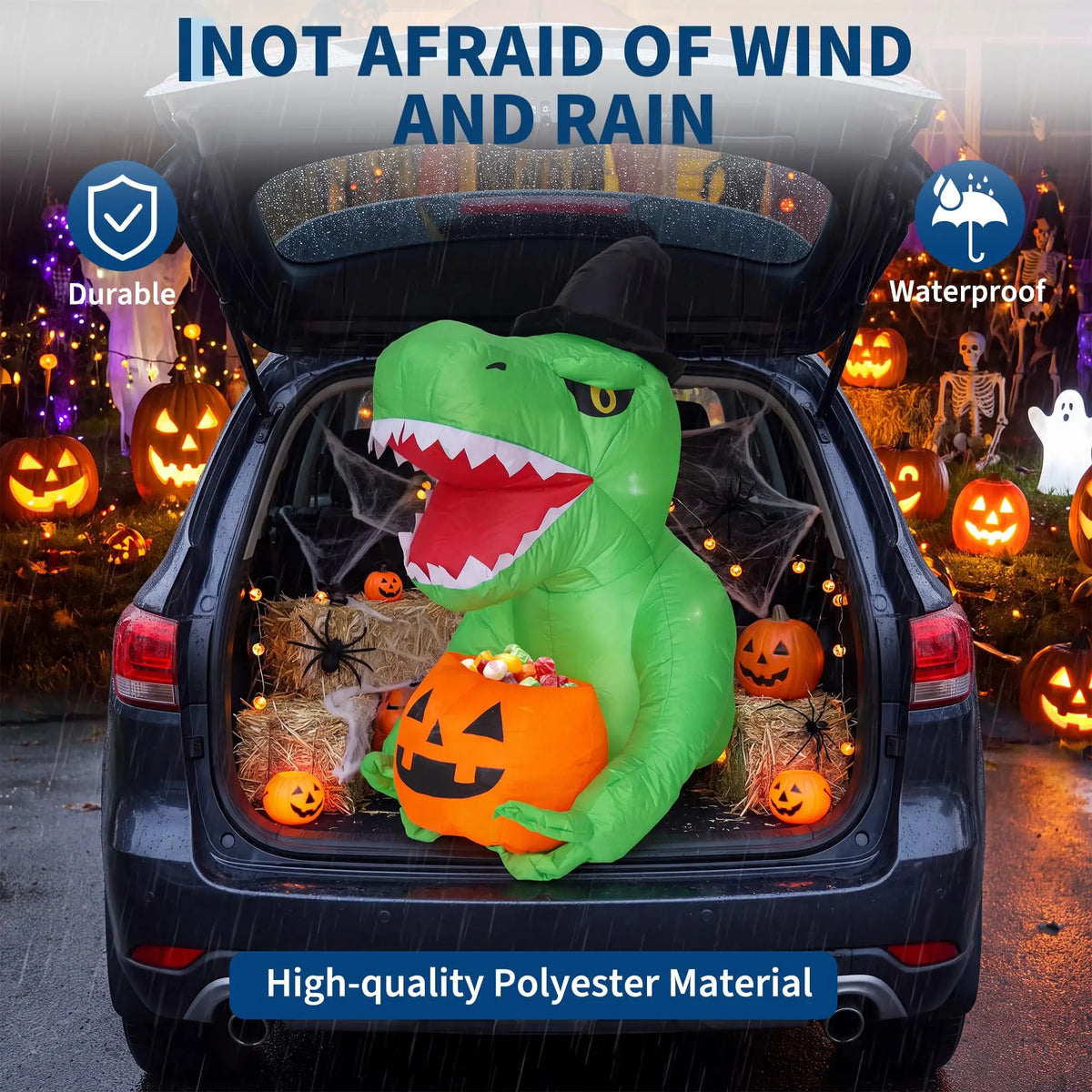 4.5ft Halloween Inflatable Dinosaur With Led Lights, Witch Hat Pumpkin Blow Up Outdoor Yard Lawn Car Trunk Or Treat Party Decor