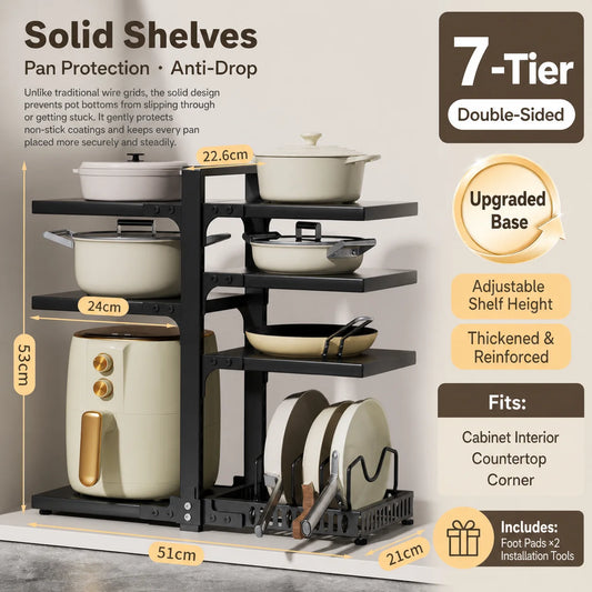 A Height-Adjustable 7-Layer Adjustable Stainless Steel Kitchen Storage Rack, Kitchen Storage Shelf, Multi-Layer Drain Organizer for Pots, Pans and Tableware, Painted Finish, Black, Kitchen Storage | Shelf, Kitchen Sink Under