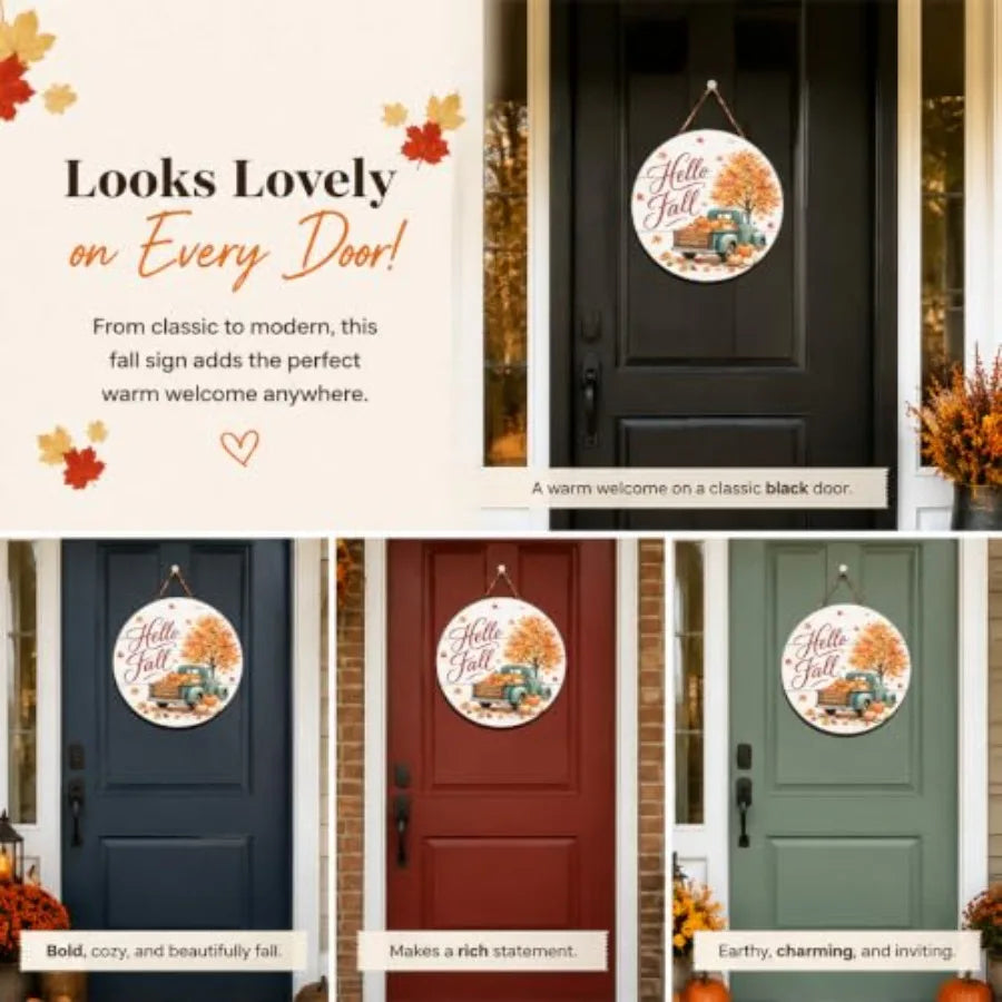 Fall Door Decor Wooden Hello Fall Sign, Pumpkin Truck Door Hanger Wooden Hello Fall pumpkin truck sign for front door, porch, w