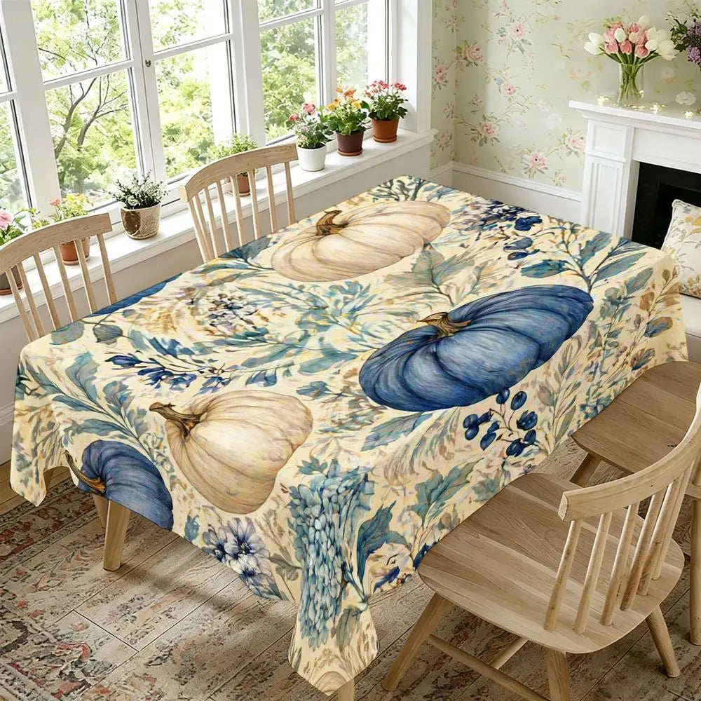 Stylized Blue Pumpkin Tablecloth - Cream Background with Leafy Foliage Print, Rectangular Polyester Dining Decor for Autumn Harvest, Indoor Kitchen And Party Use