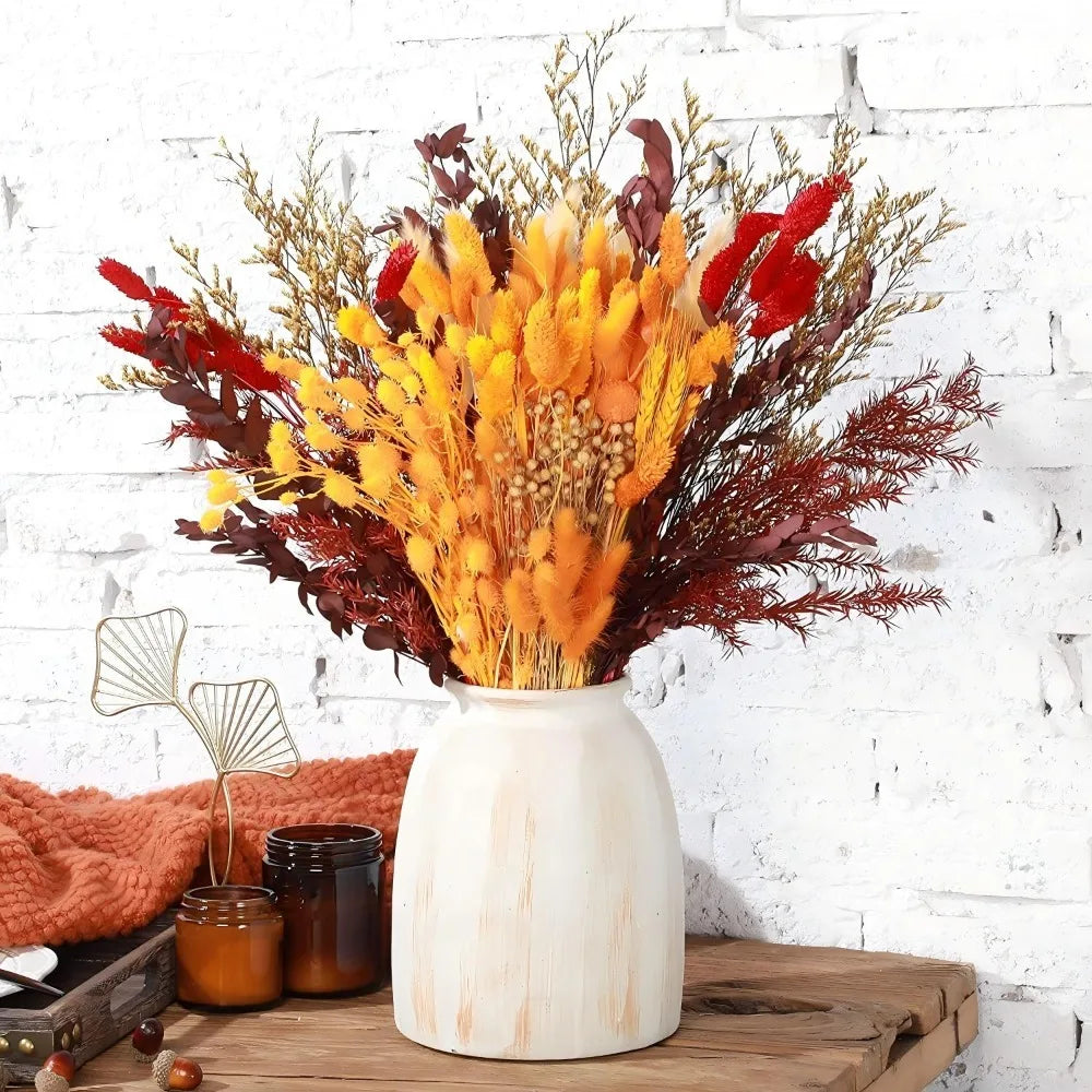 Autumn Boho Dried Flower Bouquet, Bunny Tails Grass, Setaria, Limonium, Preserved Leaves, Natural Dried Floral Vase Filler, Home Table Thanksgiving Wedding Decor, Christmas Valentine's Day Party Decoration, Holiday Gift for M