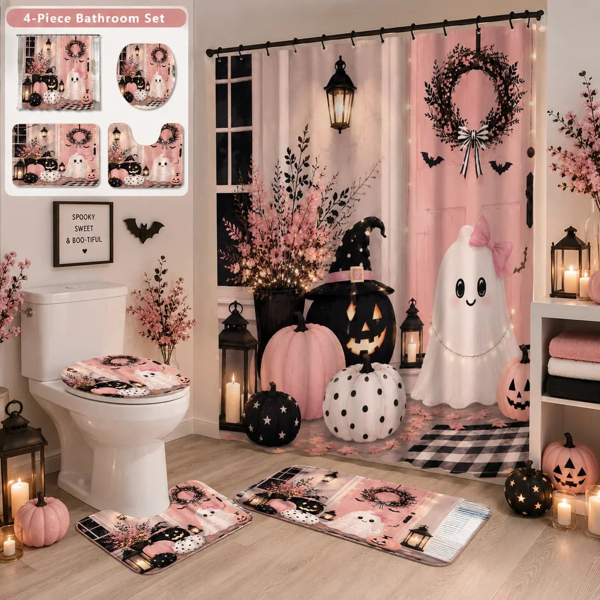 2D Flat, 4pcs 2D Flat Pink Halloween Shower Curtain Set, Cute Ghost Pumpkins Bathroom Decor, Additions with, U-Shaped, Toilet Lid Cover, Shower Curtain Includes Hooks, Spooky Season Decor, Home Decor, Bathroom Additions