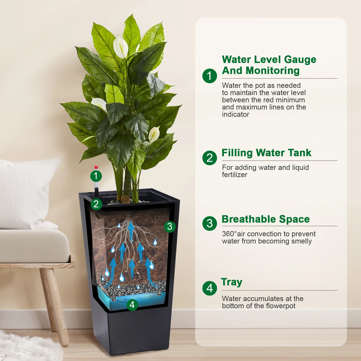 Tall Planters Set of 2, Outdoor＆Indoor Black Planter Pots, High Front Porch Planter Pots With Drainage Holes＆Water Level Monitor＆Inner Bucket, Automatic Watering