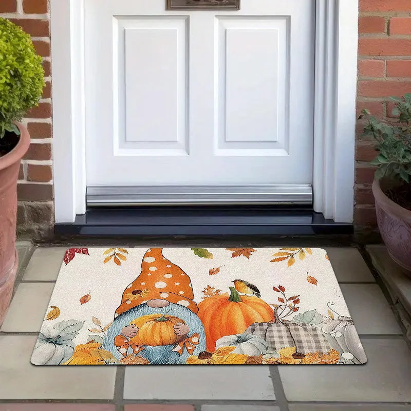 1pc Bohemian Hand-Painted Garden Gnome & Pumpkin Door - Thick Plush Flannel Suitable for Entryway, Machine Washable Autumn for Front Door, Cozy Fall Decor for