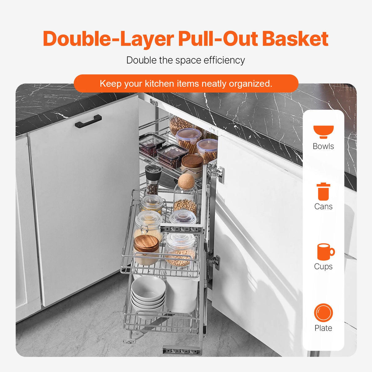 VEVOR 18"W Opening Blind Corner Pull Out Organizer 2 Tier Slide Out Storage Organizer Magic Chrome Carbon Steel Storage Basket