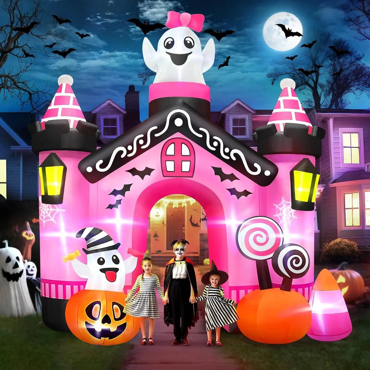 11 FT Halloween Inflatables Ghost Archway Outdoor Decor, Pink Castle Blow Up Yard Decoration with Built-in Lights, Scary Inflatable for Yard, Garden, Lawn, Indoor & Outdoor Use