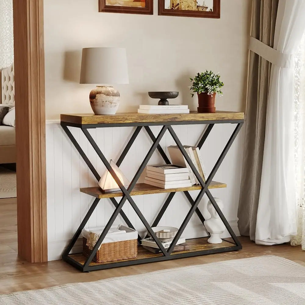 3-Tier Console Table, Slim Entryway Sofa Table with x-Shaped Metal Legs, Open Storage Shelves, for Living Room/Hallway, Rustic Farmhouse Style