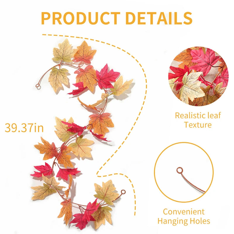 1/2Pcs Fall Artificial Maple Leaves Vine Hanging Rattan Wreath for Thanksgiving Halloween Day Decoration Home Room Decor Garland