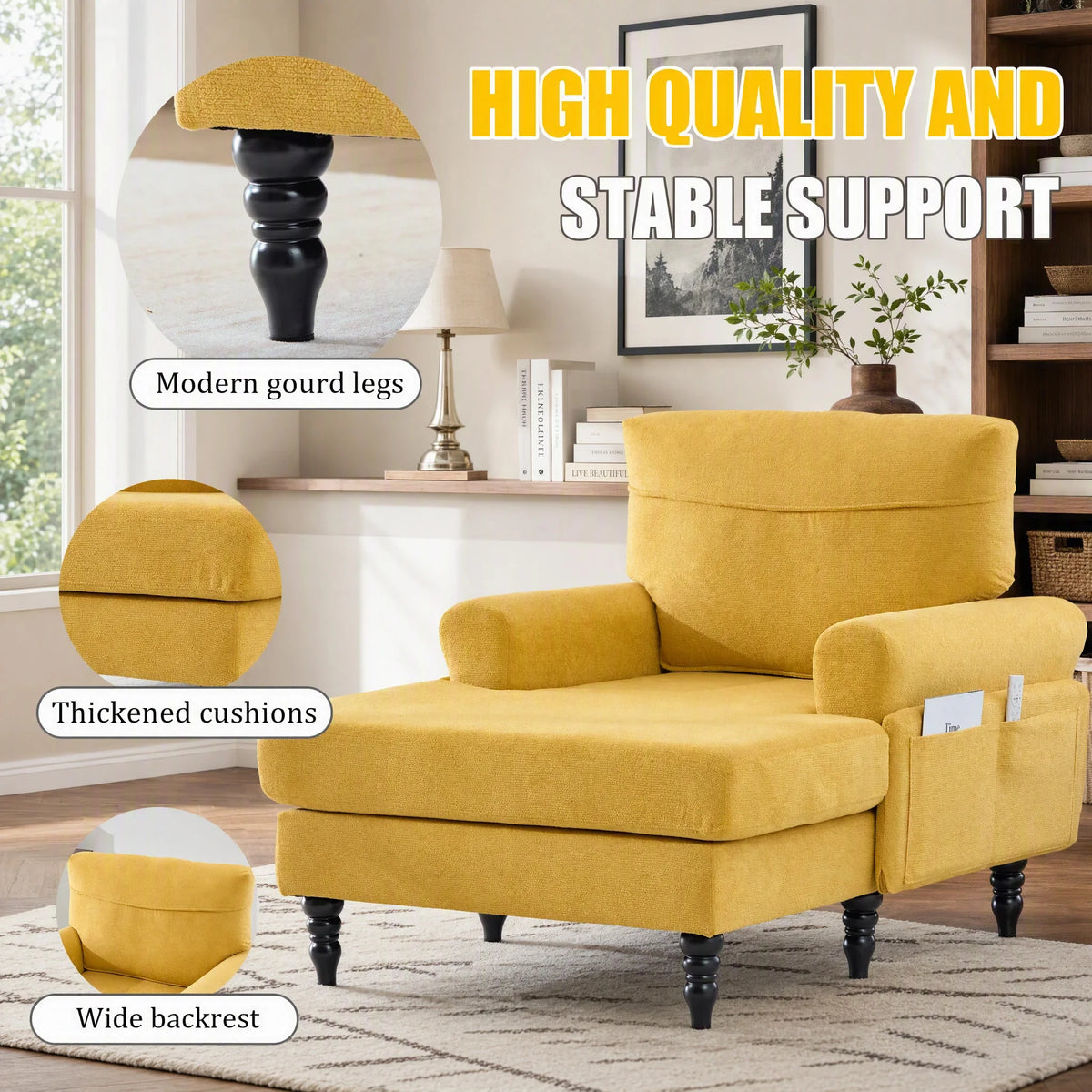 49.4-inch Modern Minimalist Chenille Fabric Single Sofa With Comfortable Backrest and Armrests Featuring Side Storage Pockets Suitable For Living Room Bedroom or Office