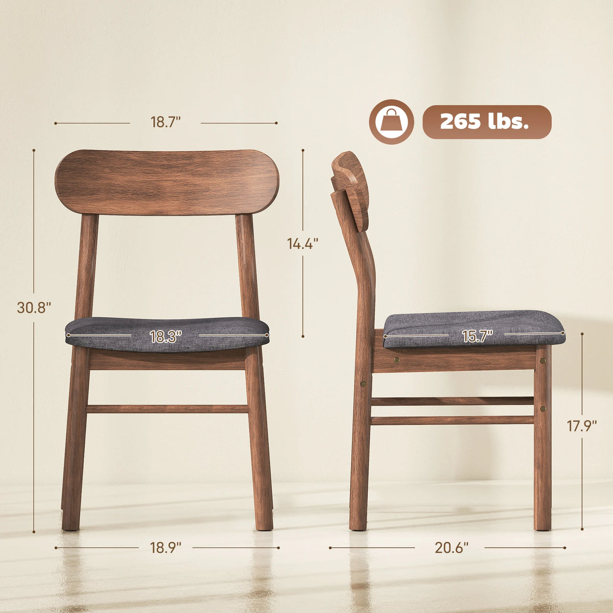 HOMCOM Dining Chairs Set of 2, Upholstered Solid Wood Kitchen Chairs, Mid-Century Modern Dining Room Chairs with Ergonomic Curved Backrest, Gray
