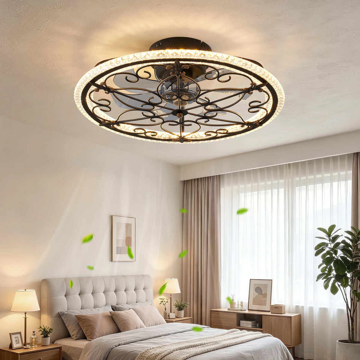 Rustic Black Caged Ceiling Fan with Light, Farmhouse Remote Control Fan Light, Reversible LED for Bedroom Kitchen