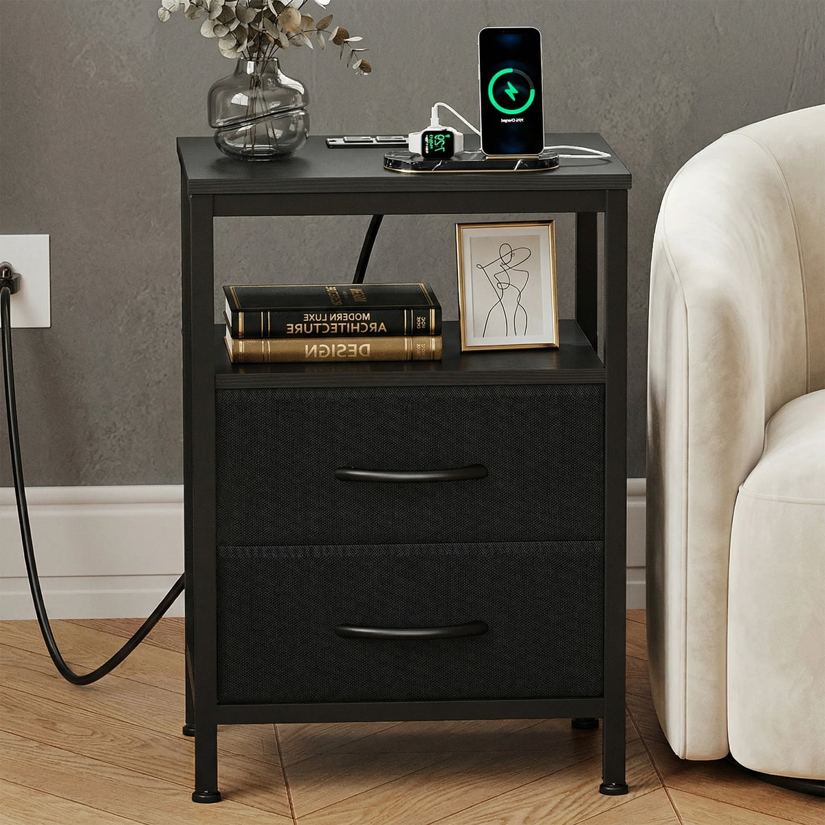 JHK Bedside Table With Fabric Drawers And USB Charging Station