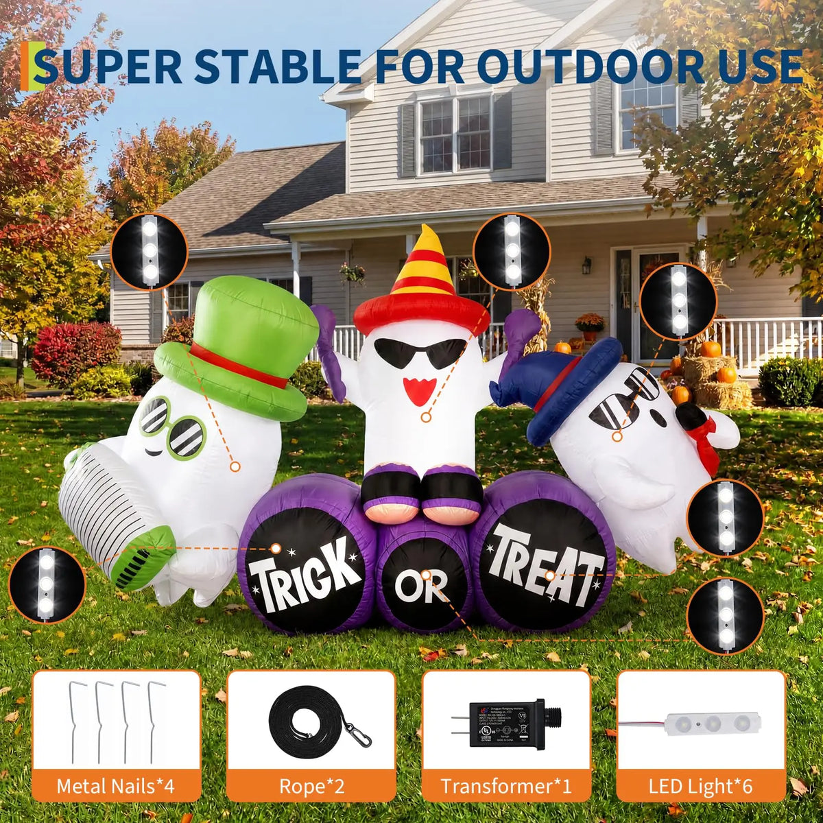 8FT Halloween Ghost Band Inflatable With 6 LED Lights Trick Or Treat Blow Up Outdoor Toy Decoration For Yard Lawn Porch Party Decor