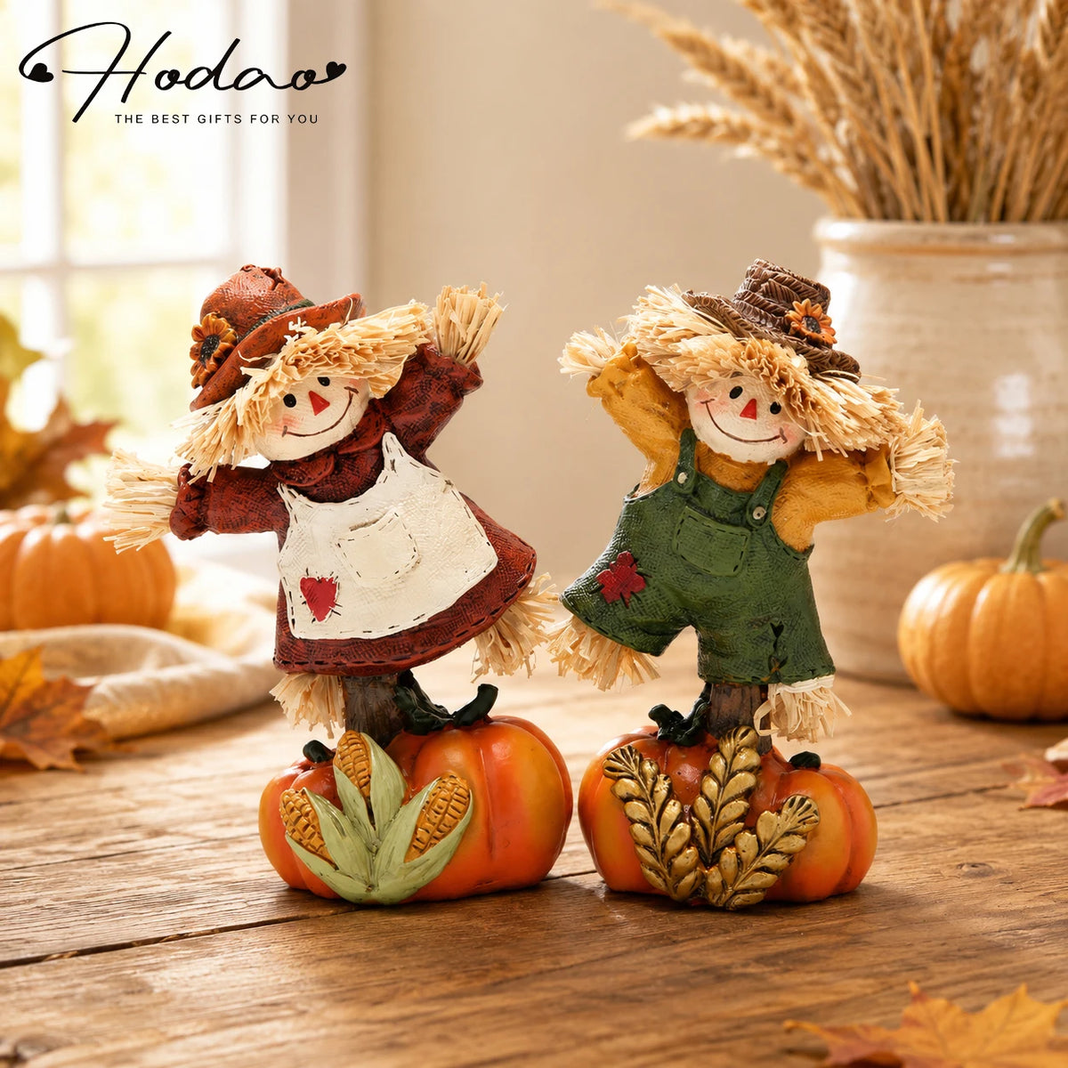 Hodao Set of 2 Fall Harvest Scarecrow Figurines, Resin Thanksgiving Pumpkin Decor, Hand-Painted Dancing Farmer Couple Statue with Cute Sunflower Accents, Fall Collectible Ornament, Seasonal Holiday Gift for Indoor, Patio, and