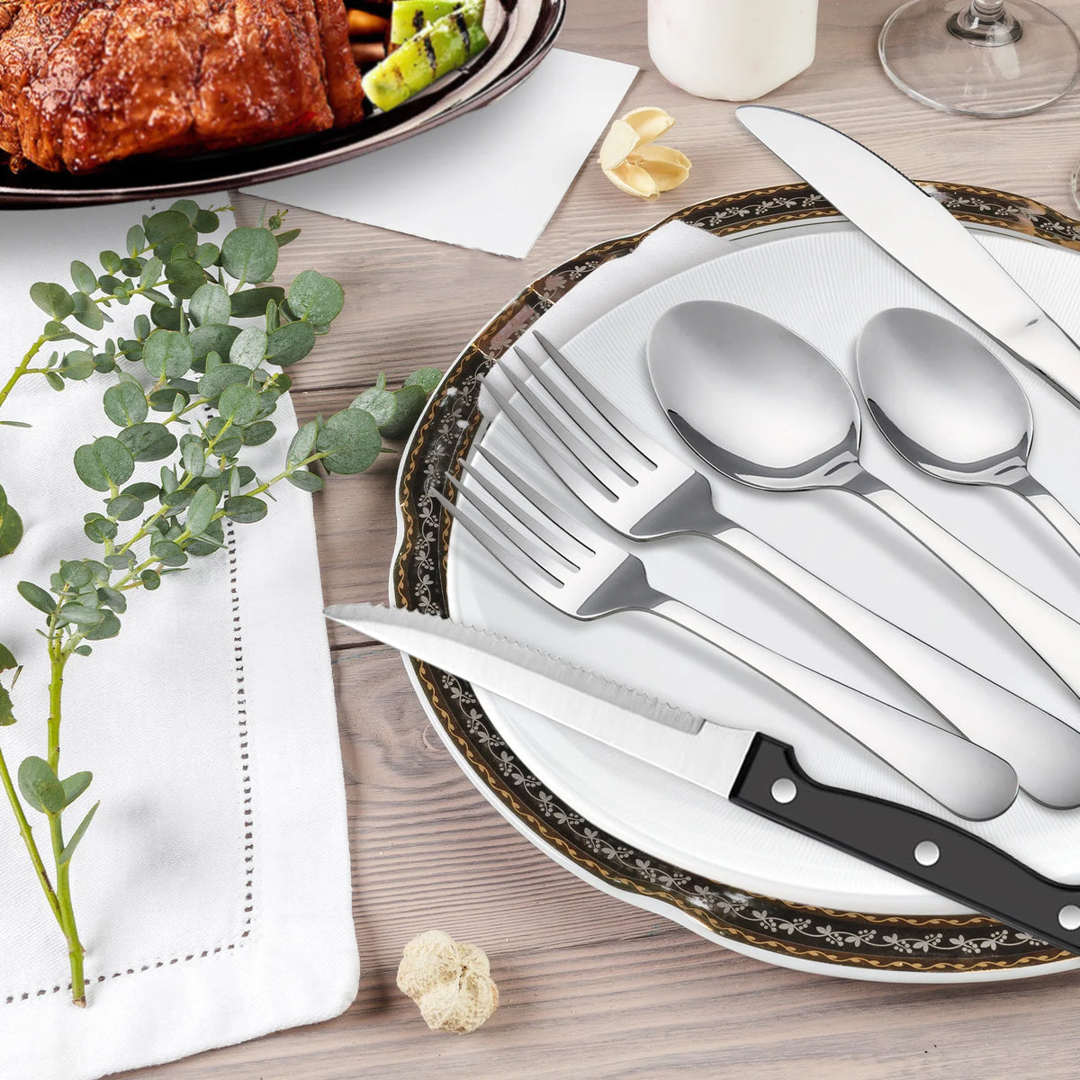 HanSmart Stainless Steel Flatware Set With Steak Knives Forks