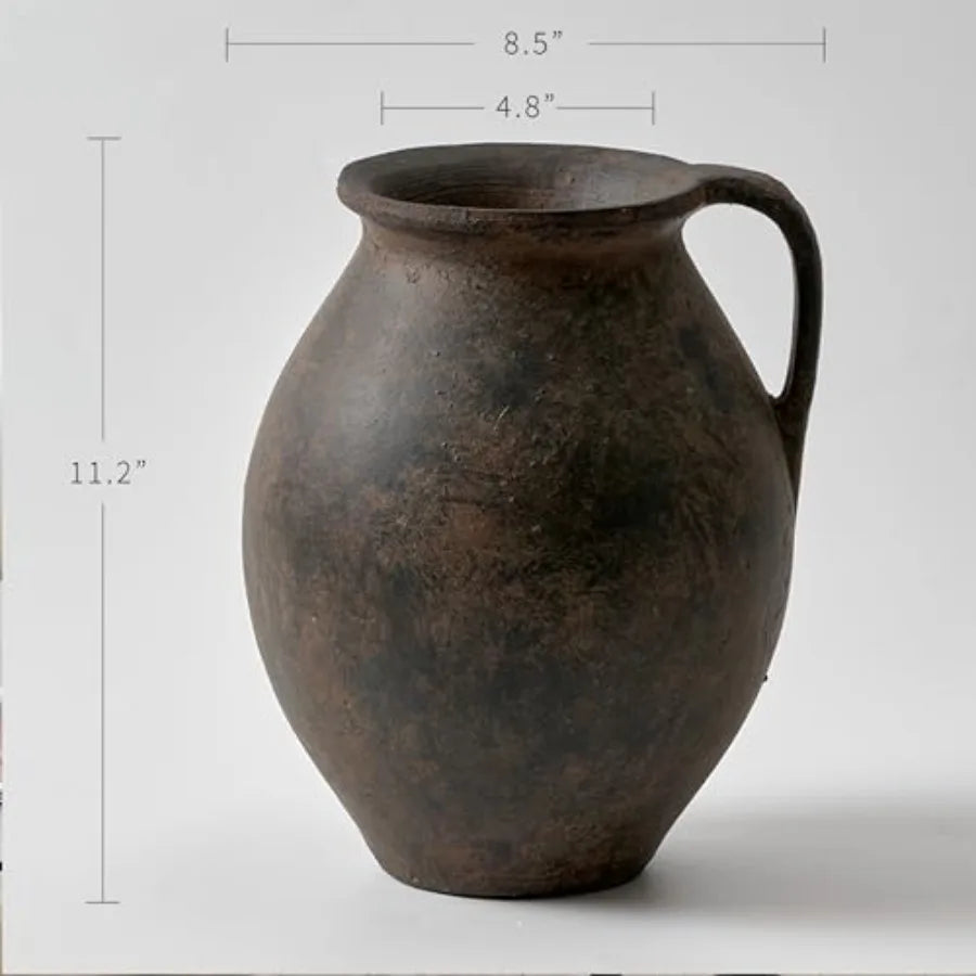 Brown ceramic large vase for home decor 11.2 tall Zen style terra cotta texture distressed farmhouse finish decorative flower c