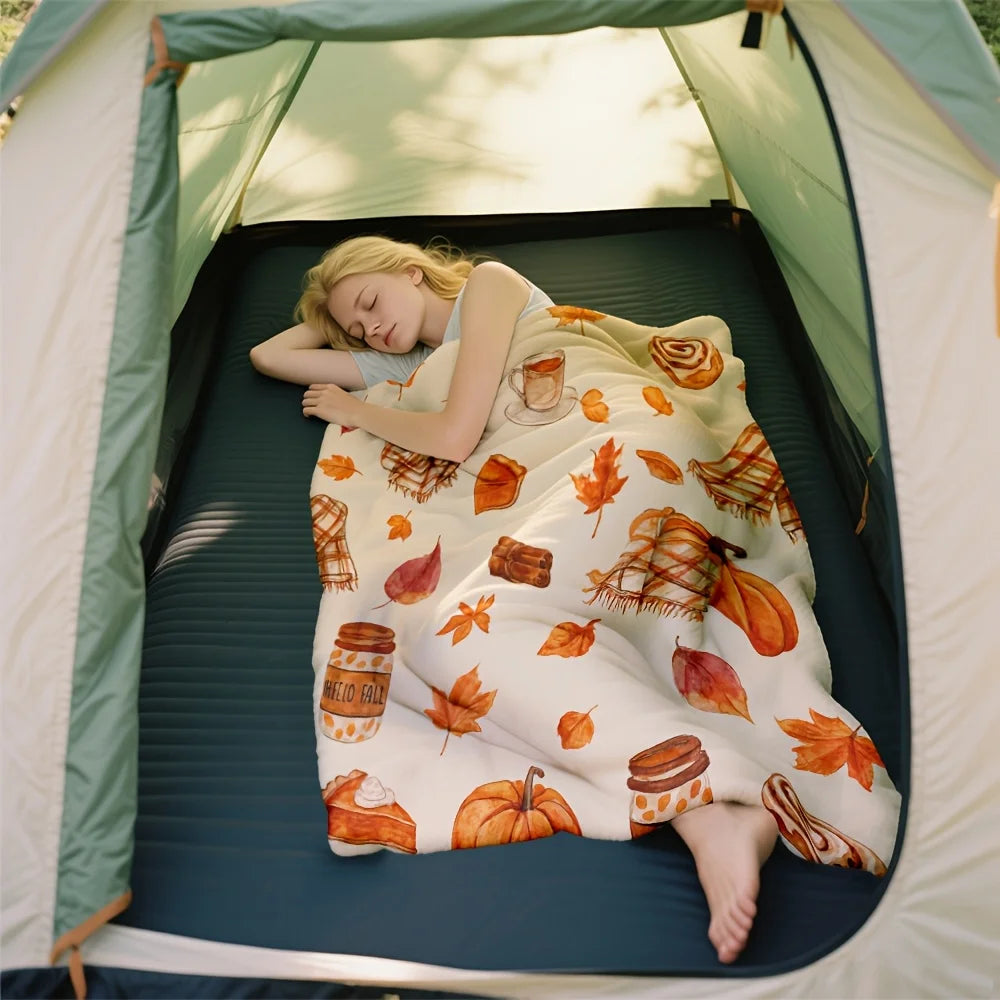 1pc, Autumn Pumpkin And Maple Leaf Pattern Flannel Blanket, Soft And Comfortable, Single-Sided Print, Suitable for Sofa And Camping And Office Nap Blanket, Thanksgiving Christmas Halloween Holiday Gift Blanket