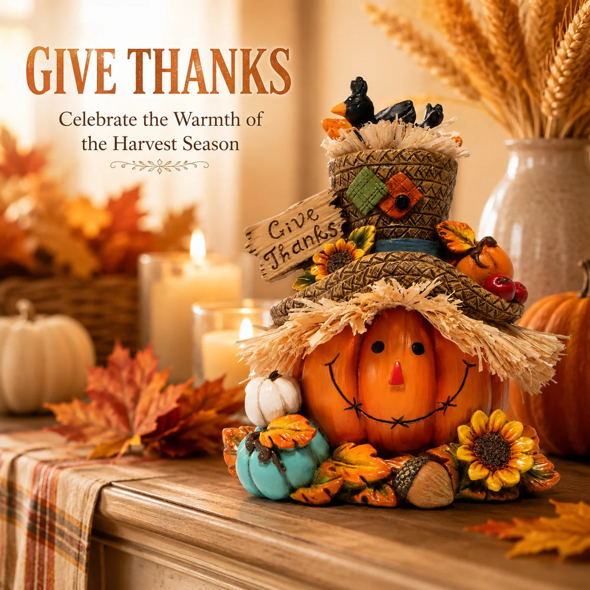 Hodao Resin Thanksgiving Harvest Scarecrow Figurine Figure Model, Pumpkin Face Autumn Decor with Give Thanks Sign & Cute Black Crows, Rustic Farmhouse Tabletop Statue with Straw Hat & Sunflower, Holiday Accent Ornament for Ho
