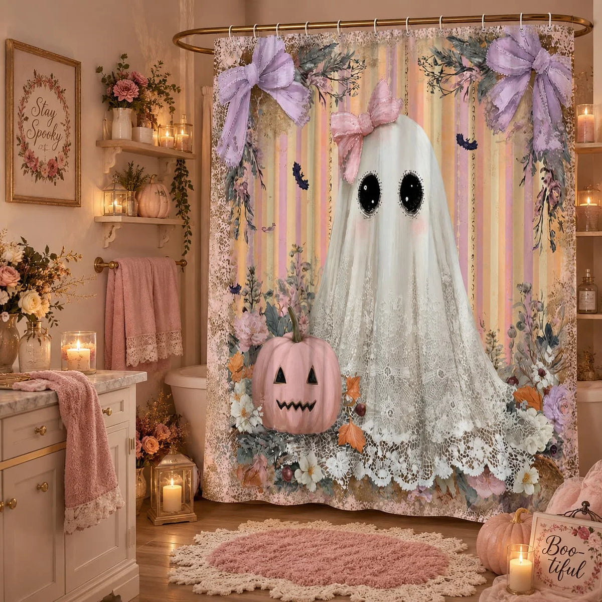 2D Flat, 1pc 2D Flat Halloween Ghost Shower Curtain Cute Lace Ghost with Pink Bow And Pumpkin Floral Theme Bathroom Decor Polyester Fabric Bath Hanging Curtain