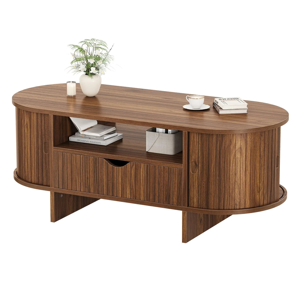 HiMISS Modern Fluted Oval Coffee Table With Storage Cabinet