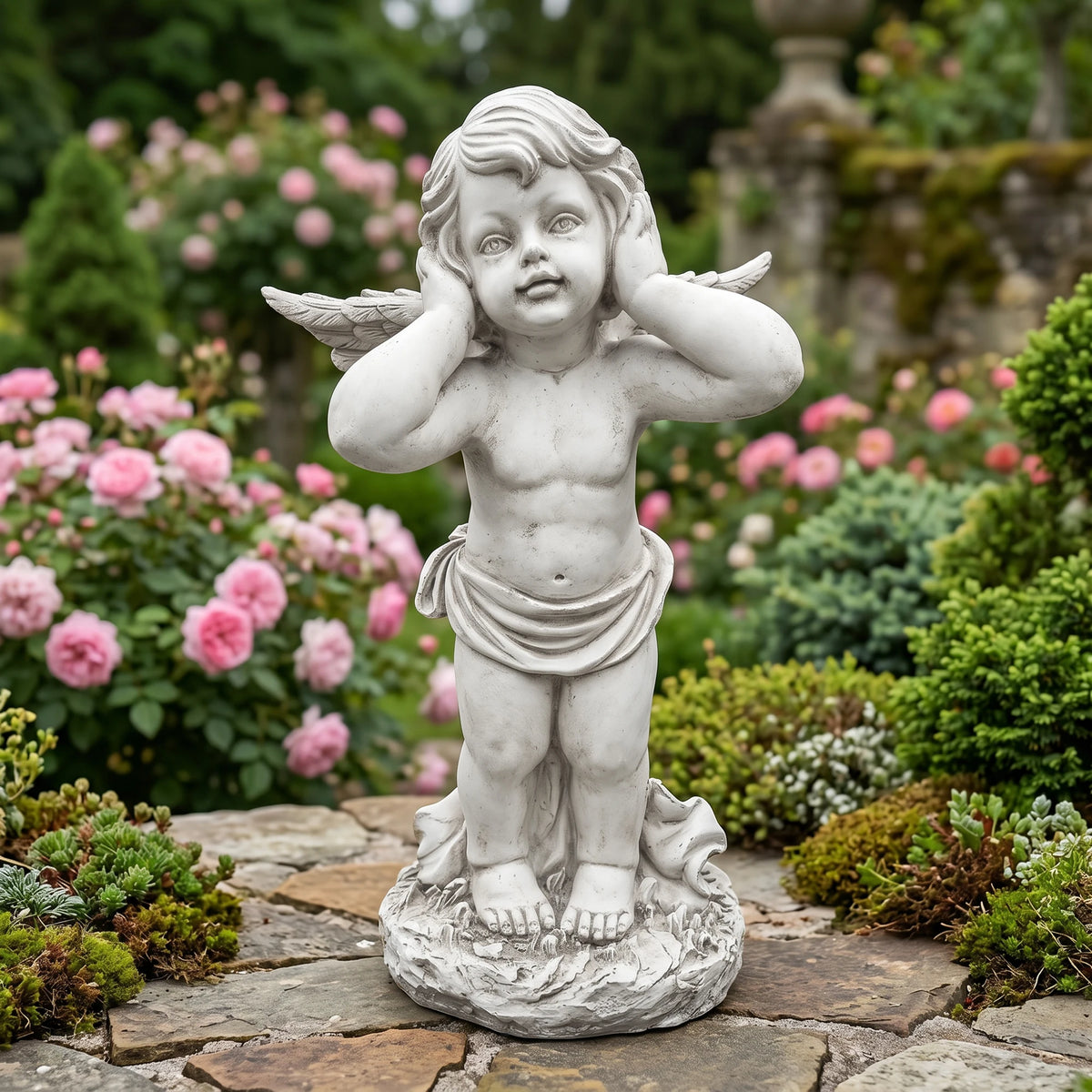 Winged Angel Garden Statue Covering Ears, Weatherproof Resin Outdoor Sculpture, Emotional Angel Figurine for Lawn, Patio & Yard Decor