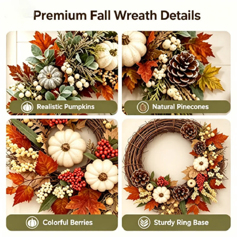 Thanksgiving Decor Wreath, 15.75 Inch Fall Wreath, Front Door Autumn Wreath with Pumpkins, Pinecones, Maple Leaves, Berries and Flowers, Harvest Wreath for Indoor Outdoor Home Decoration