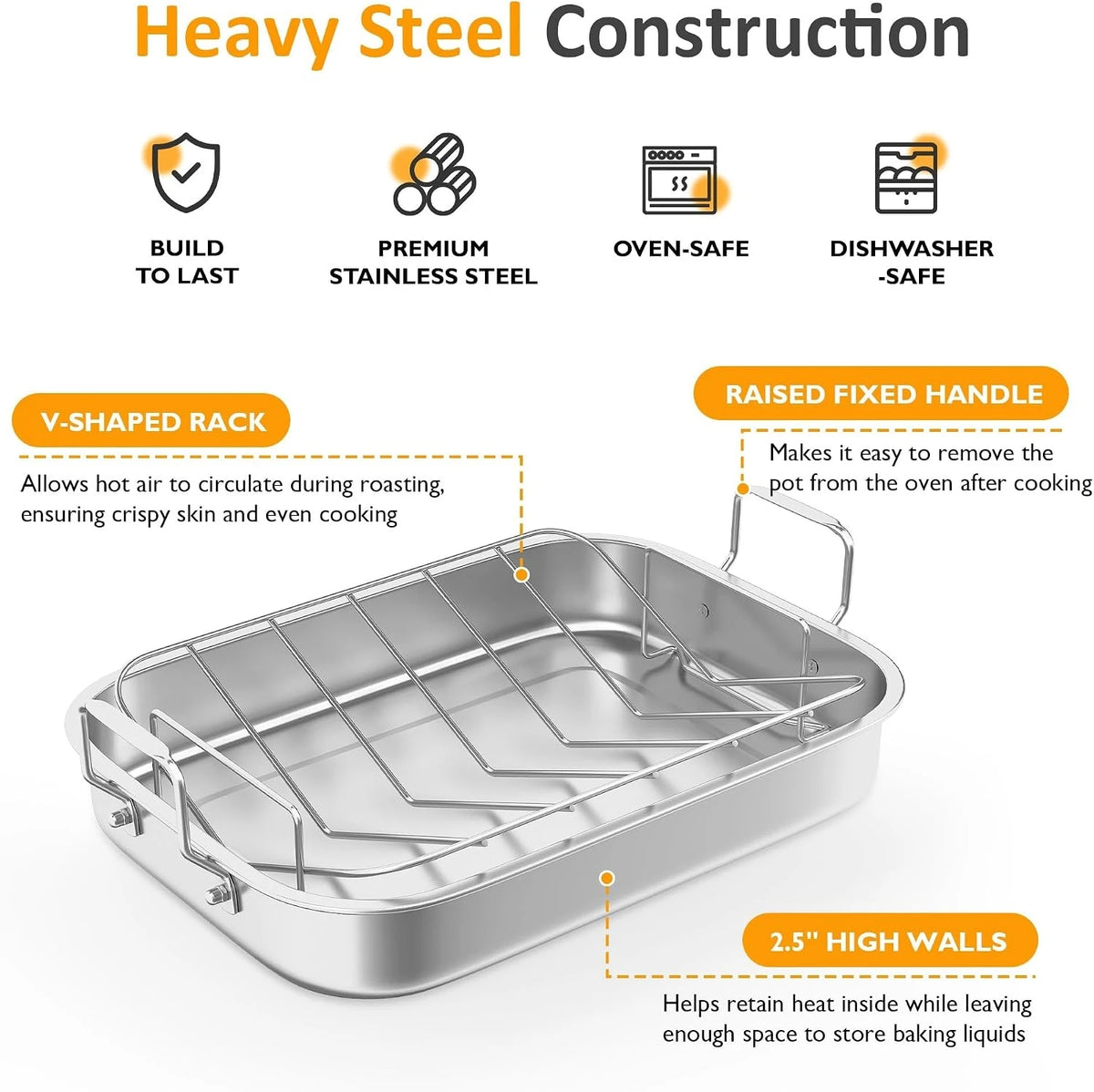 15.6'' Roasting Pan With V-Shaped Rack, Heavy Duty Non-Stick Stainless Steel Roaster For Turkey, Lasagna Pan With Handles