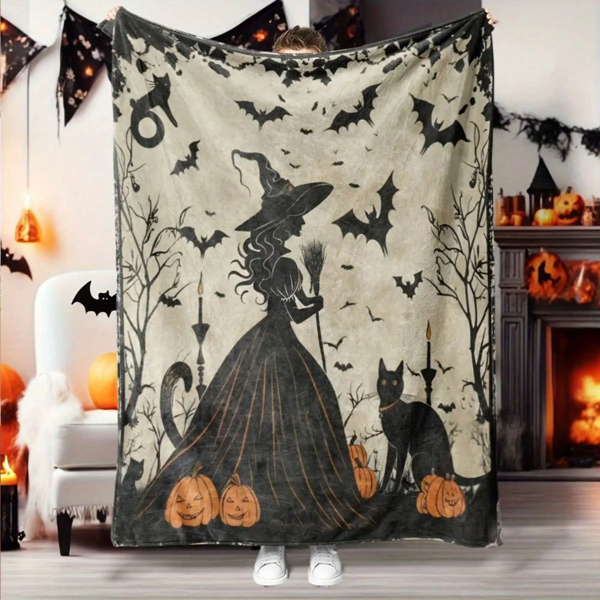 Vintage Witch Silhouette Throw Blanket, Soft Flannel, Cozy, Spooky, Dark Vintage, Cat Bat Pumpkin, Halloween Gift
