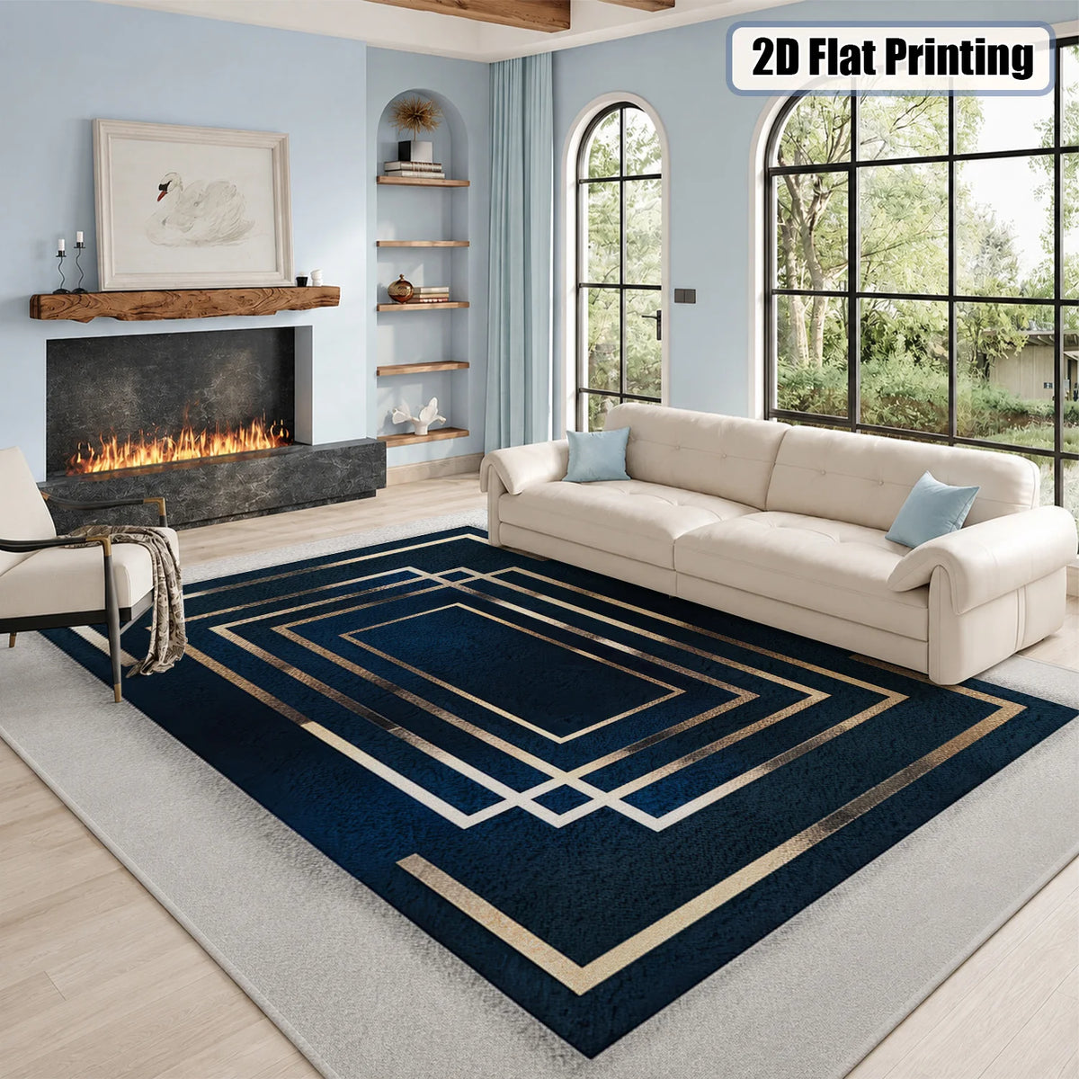 Large Indoor Area Rug, Soft Velvet Low Pile Non-Slip Dotted Backing Machine Washable, Navy Blue & Gold Geometric Rectangular Pattern, Ideal for Living Room Bedroom Entryway Home Floor Decor