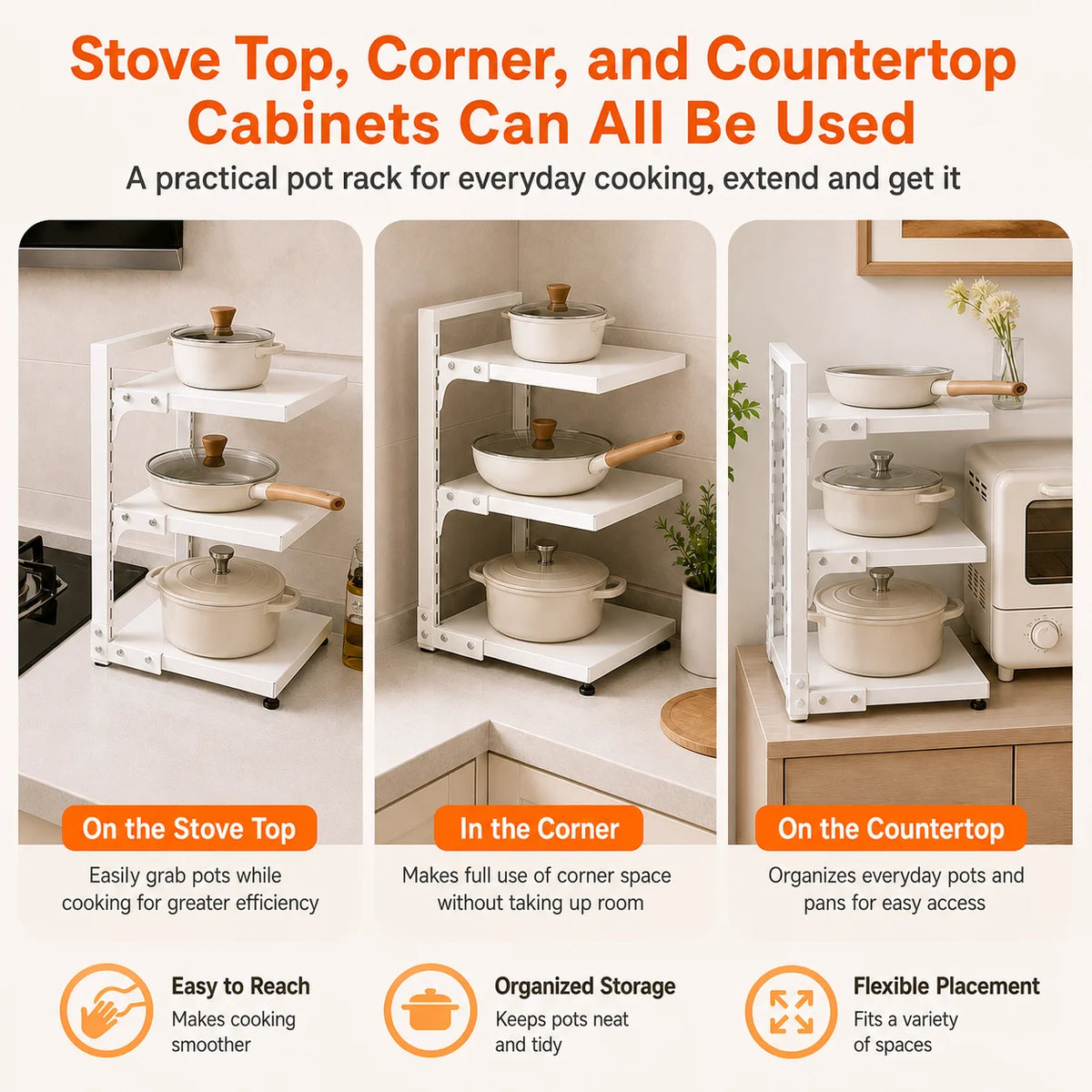 Adjustable Under Sink Storage Rack, White 3-Tier Pull Out Kitchen Cabinet Organizer, Multi-layer Metal Shelf for Pots Pans, Space Saving Under Basin Storage Holder for Bathroom Kitchen Counter Cabinet