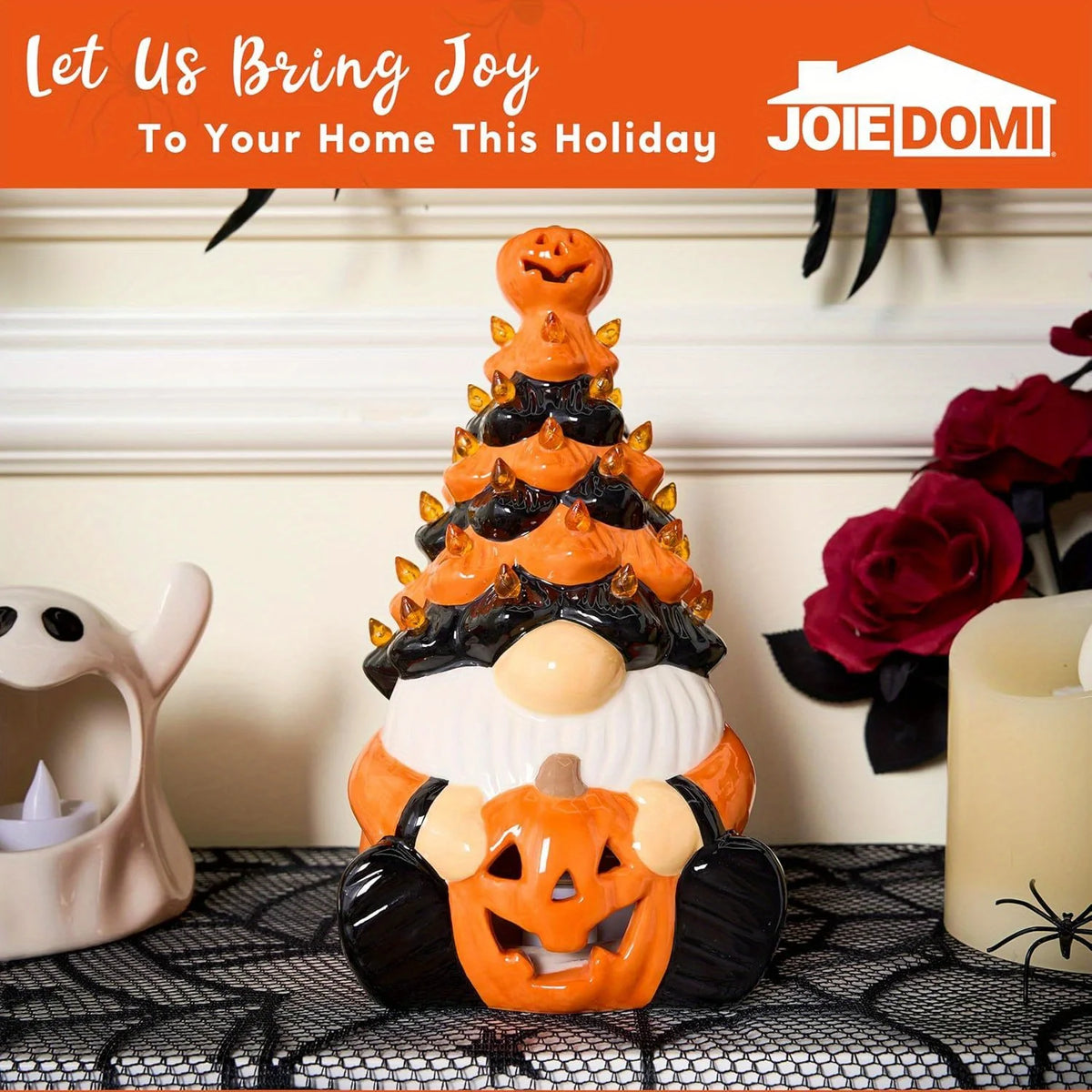 8.5inch Pumpkin Gnome Ceramic Tree Halloween Decoration with Build-in LEDs Tabletop Decor for Halloween Indoor Party Supplies Decoration, Battery Operated, Home Party Decors