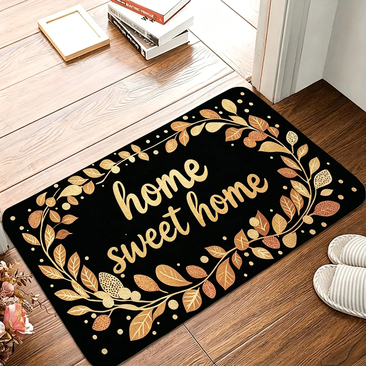 1 Piece of Family Welcome Printed Flannel Doormat with Leaf and Letter Patterns, Entrance Carpet, Living Room and Bedroom Mats, Available in Various Sizes and Colors