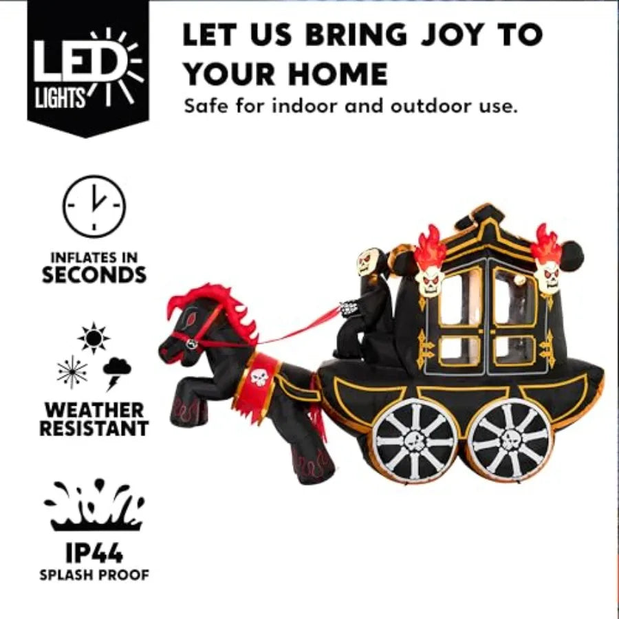Outdoor Halloween inflatable carriage decoration, PVC material, black and red, 10 ft long with built-in LEDs and hellfire desig