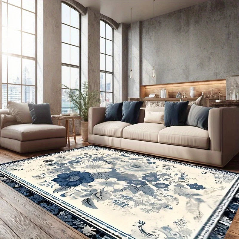Luxurious High-End Blue And White Floral Pattern  Floor Mat, Elegant Design, Comfortable And Beautiful, Suitable for Bedrooms And Living Rooms