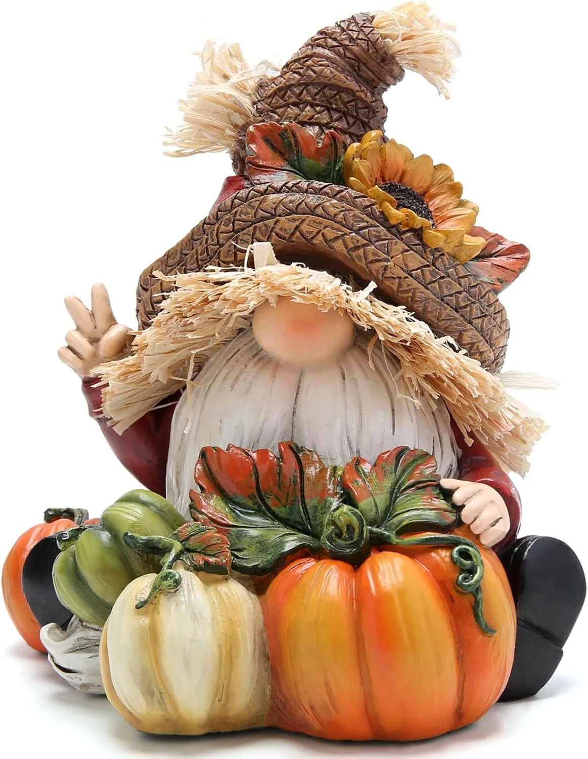 Hodao Resin Fall Scarecrow Gnome Figurine with Pumpkin Harvest Decoration, Farmhouse Thanksgiving Sitting Gnome Statue for Tabletop Shelf Sitter, Autumn Holiday Decor Gift for Home Garden, Hand-Painted Seasonal Ornament, Coun