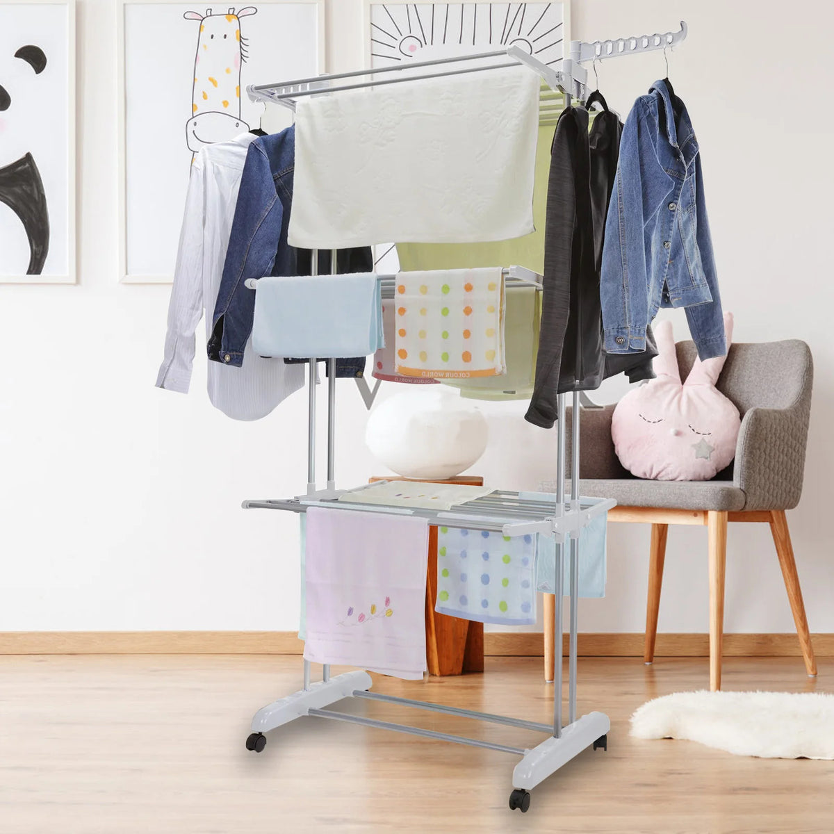 4-Tier Clothes Drying Rack Foldable Wings Dryer Clothes Space Saving Hanger Adjustable Large Garment Laundry Racks 2 Wing Hooks