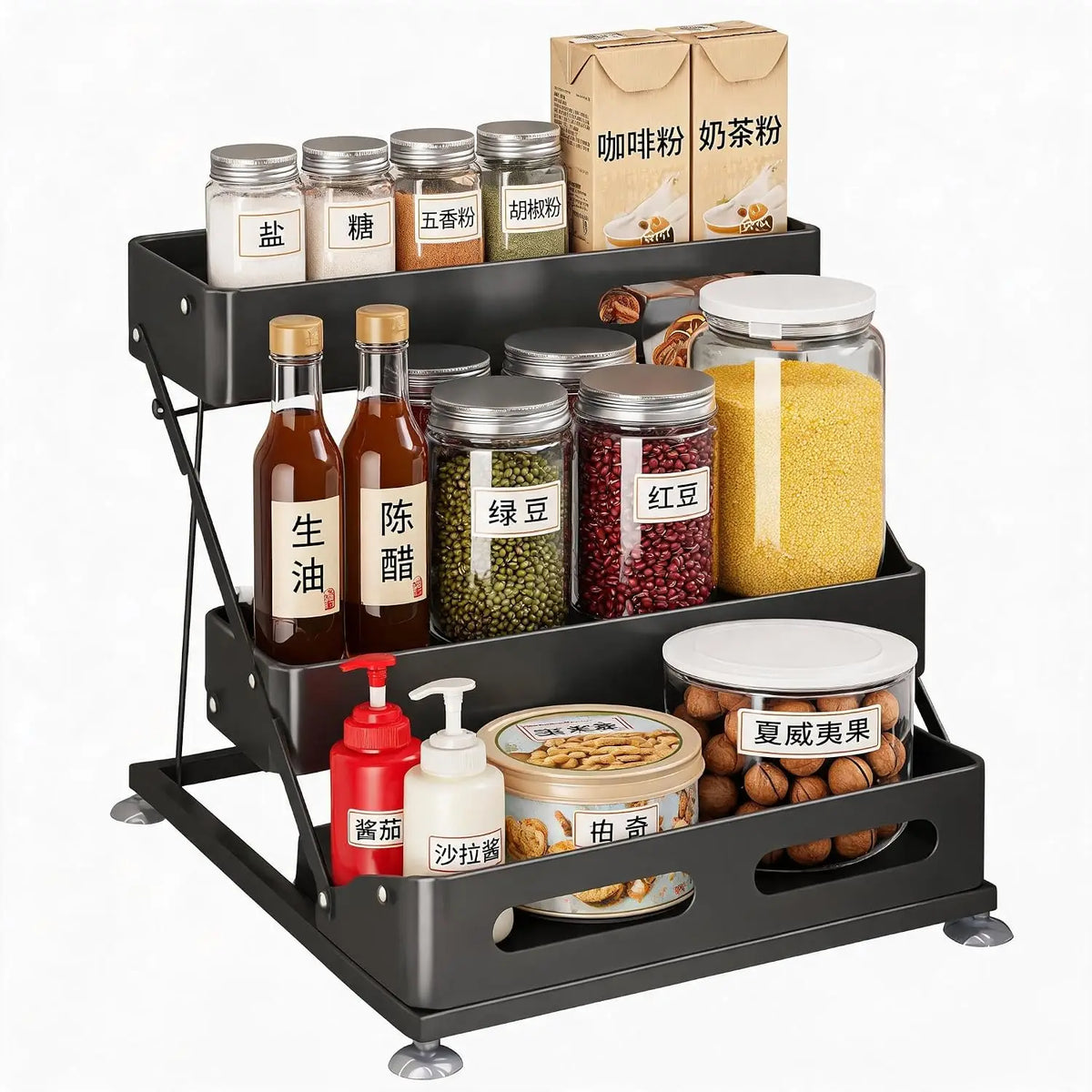 3-Tier Foldable Spices Rack, Adjusted Height 10-10.8Inch Carbon Steel Tiered Spice Rack with Non-Slip Suction Cups,Space-Saving Spice Rack Organizer for Cabinet
