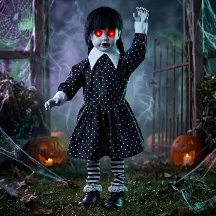 31.5" Halloween Animatronic Decorations Outdoor Ghost Doll Sound Activated Spooky Girl Prop with Glowing LED Eyes Creepy Sounds, Scary Haunted House Props for Garden Yard Lawn