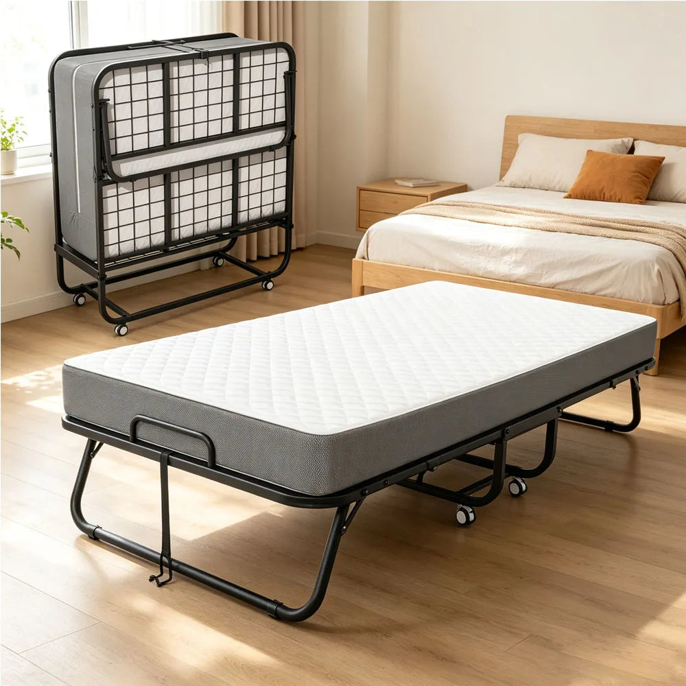 Portable Folding Bed With 6 Inch Memory Foam Mattress Sturdy Steel Frame Foldable Rollaway Guest Bed With Wheels Space Saving Spare Bed For Apartment RV Dorm Overnight Visitors